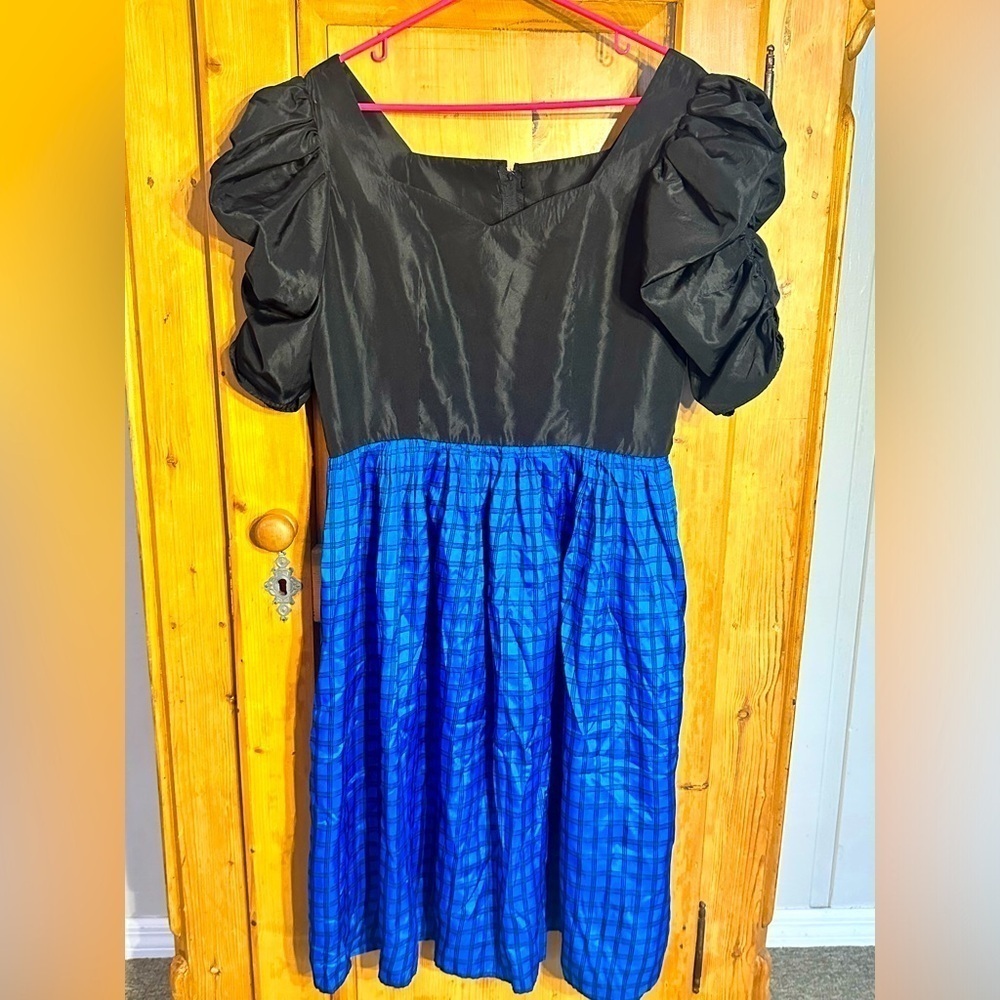 80s Vintage Dress Goth Prom Black Bodice W/Blue & Black Plaid Skirt Size Large